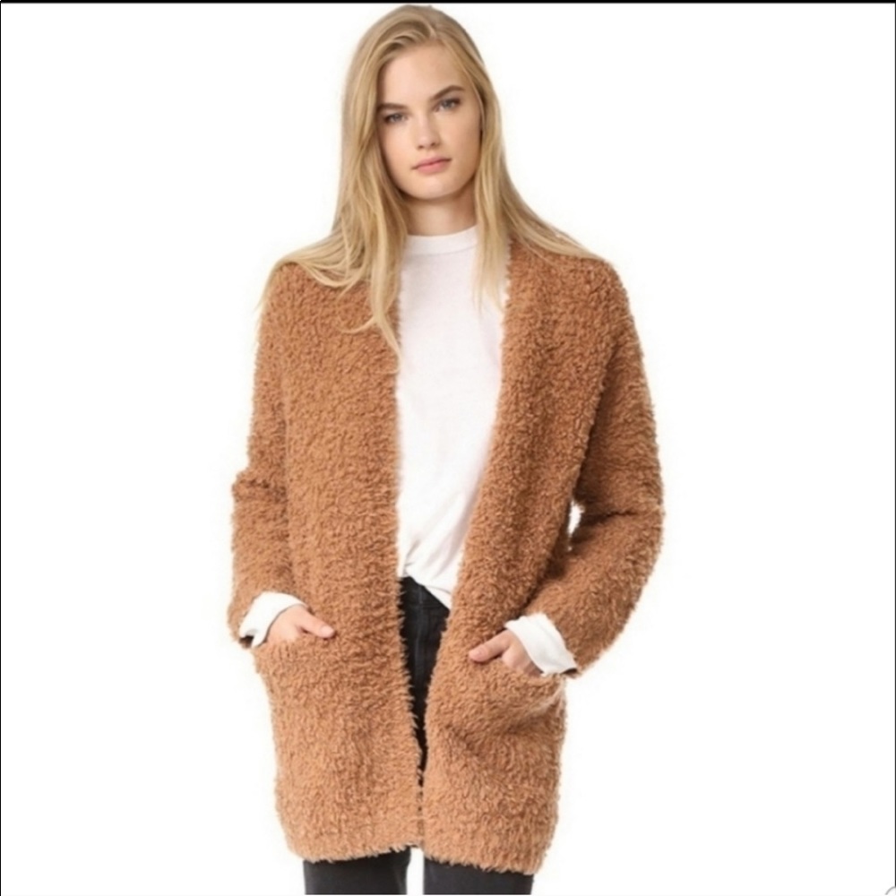 Vince Teddy Long Open-Front Cardigan Dark Camel